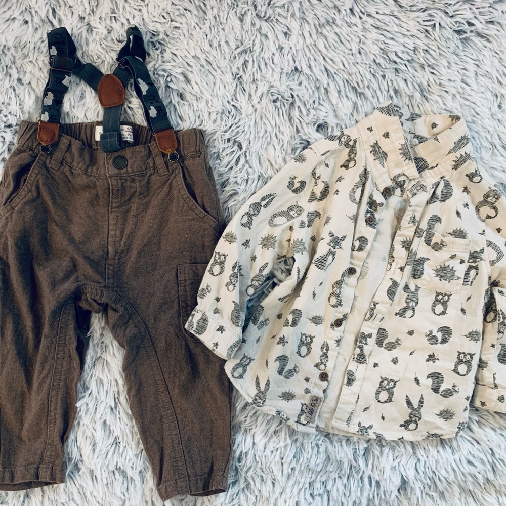 Zara baby boy suspenders 6 to 9 mths with button down shirt